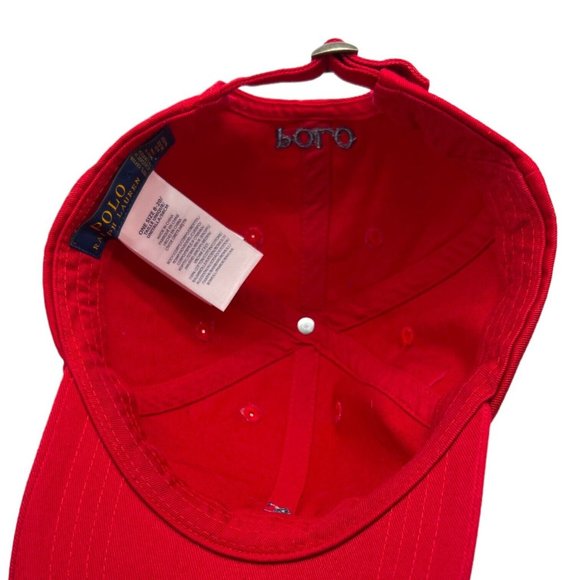 Polo Ralph Lauren Red Cotton Young Mens Chino Adjustable Ball Cap Hat Navy Pony - Picture 4 of 5